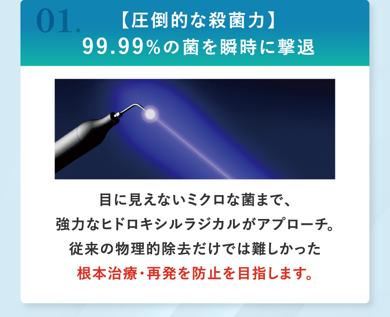 圧倒的な殺菌力。99.99%の菌を瞬時に撃退