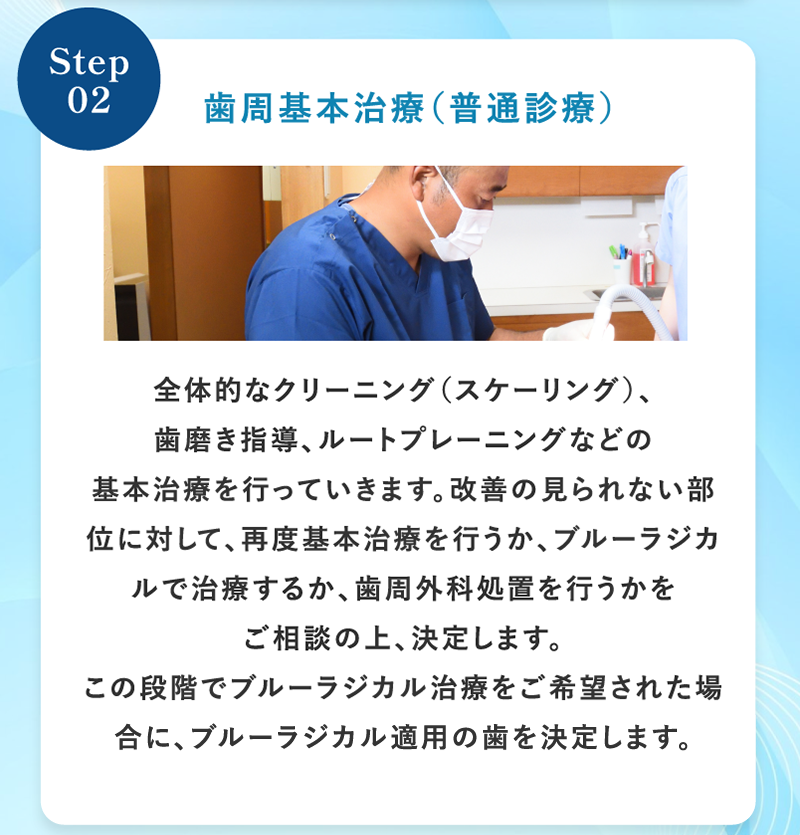 歯周基本治療（普通診療）・全体的なクリーニング（スケーリング）・歯磨き指導・ルートプレーニング
